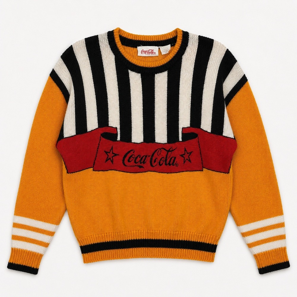 Vtg 80s Rare Coca-Cola Knit Sweater Colorblock Striped Orange Yellow Stripes L